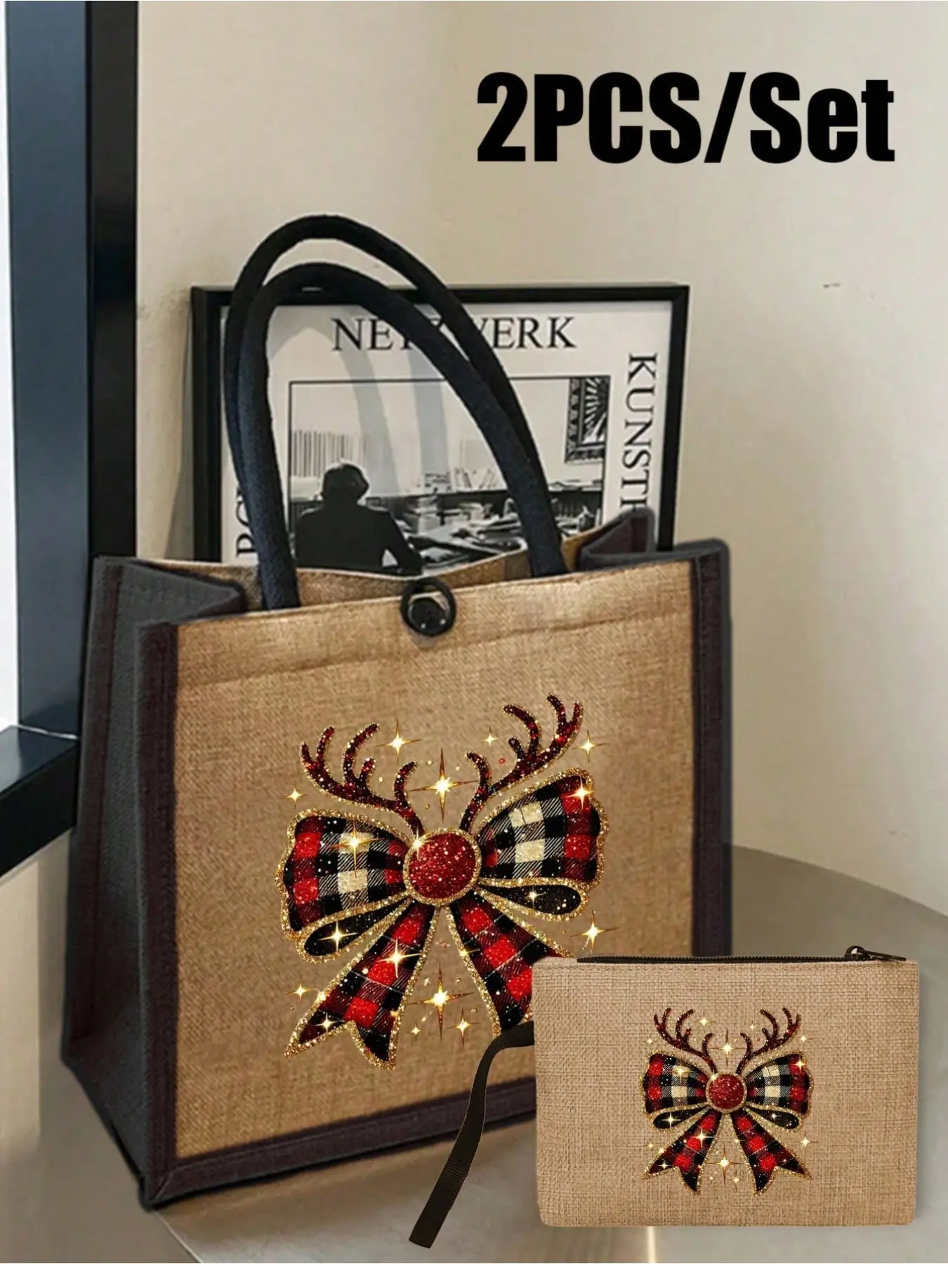 Christmas bow and reindeer antler print tote with coin purse. Unisex large-capacity linen shoulder bag. Ideal for daily shopping, perfect gift for mom, grandma and ladies. Great for Christmas, Thanksgiving, graduation and birthdays.