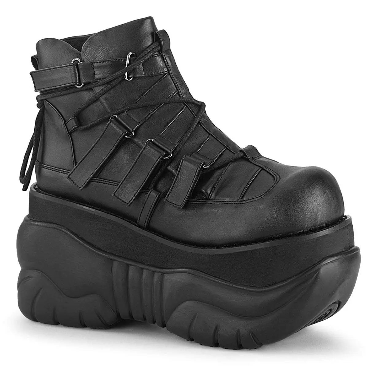Demonia Boxer-13 Men's Cuban Heel Round Toe 4" Platform Vegan Leather Ankle Bootie with Hook N' Loop Straps and Lacing