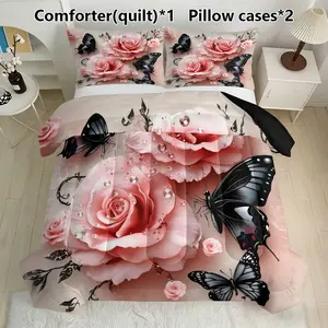 Rose & Butterfly Bedding Set, 1 Comforter + 2 Pillowcases, Romantic Floral Decor, Synthetic Fiber, Ca Prop 65 Compliant