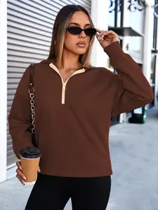 FISOEW Womens Half Zip Hoodies Casual Long Sleeve Contrast Stitch Loose Fall Sweatshirts Pullover Tops Comfy Fit FallFreshness Womenswear Soft bistro hoodie ditch masked hoodie graphic hoodies hoodies for women zip up hoodies comfort hoodies spider hoodie