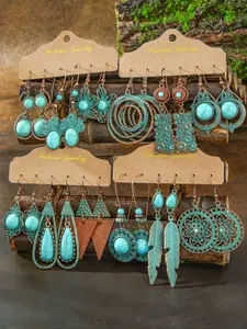 3PCS Boho Vintage Tribal Earrings Set for Women, Copper Geometric Hollow Out Turquoise Dangle Earrings, All Seasons Wearable Jewelry Gift