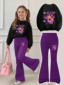 Girls' Long Sleeve Top & Bell Bottoms Set, Casual Fitted Round Neck, Breathable Comfort, K-Pop Style, Perfect for Outdoor Activities, Casual Outfit Set, Girl Clothes School