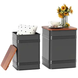 HOMCOM Ottoman with Storage Set of 2, Industrial Accent Side Table with Removable Wood Lid, Metal Frame and Hidden Space, Nesting Ottoman Stool for Living Room, Black