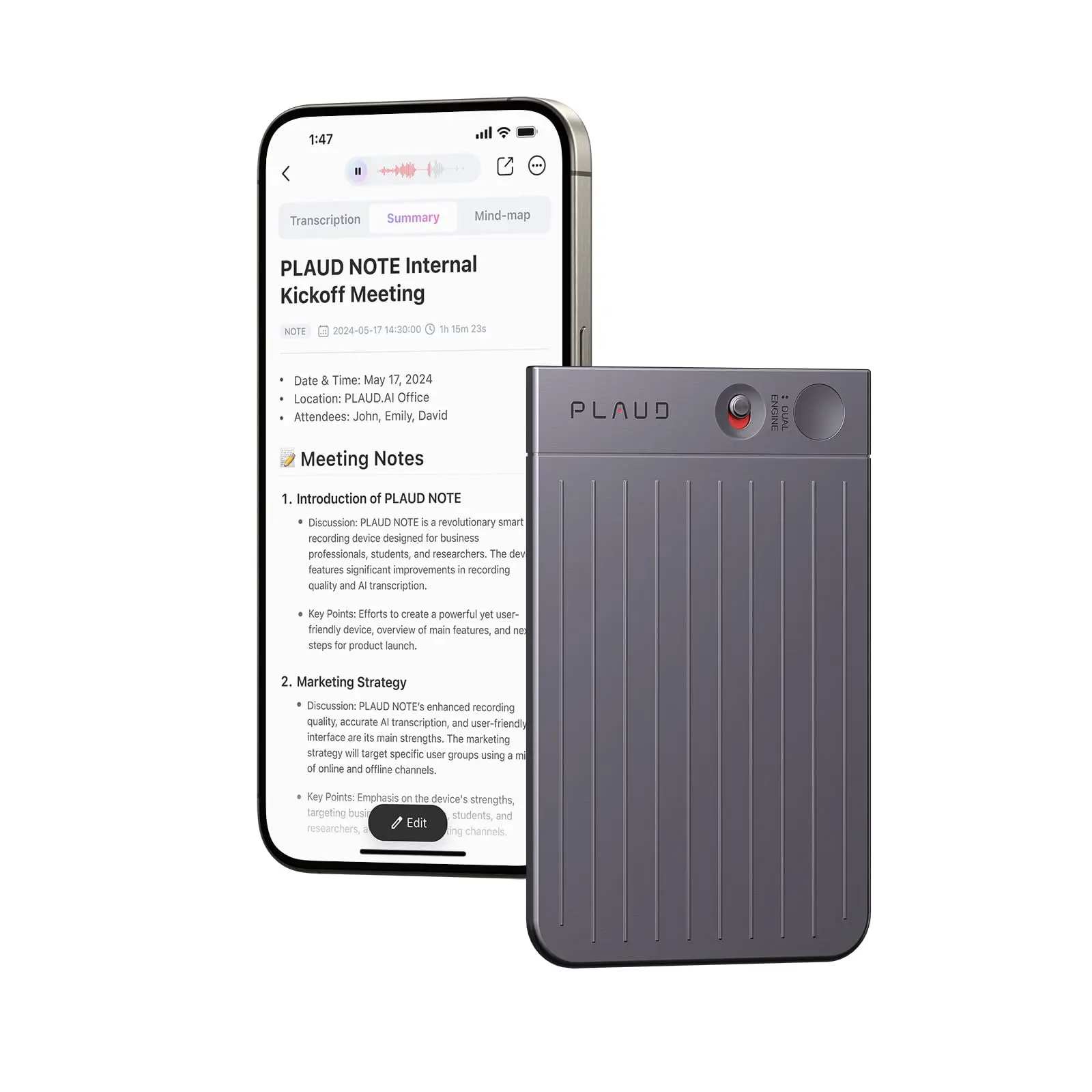 AI Voice Recorder, PLAUD Note Voice Recorder w/Case, App Control, Transcribe & Summarize Empowered by ChatGPT, Support 59 Languages, 64GB Memory, Audio Recorder for Lectures, Meetings