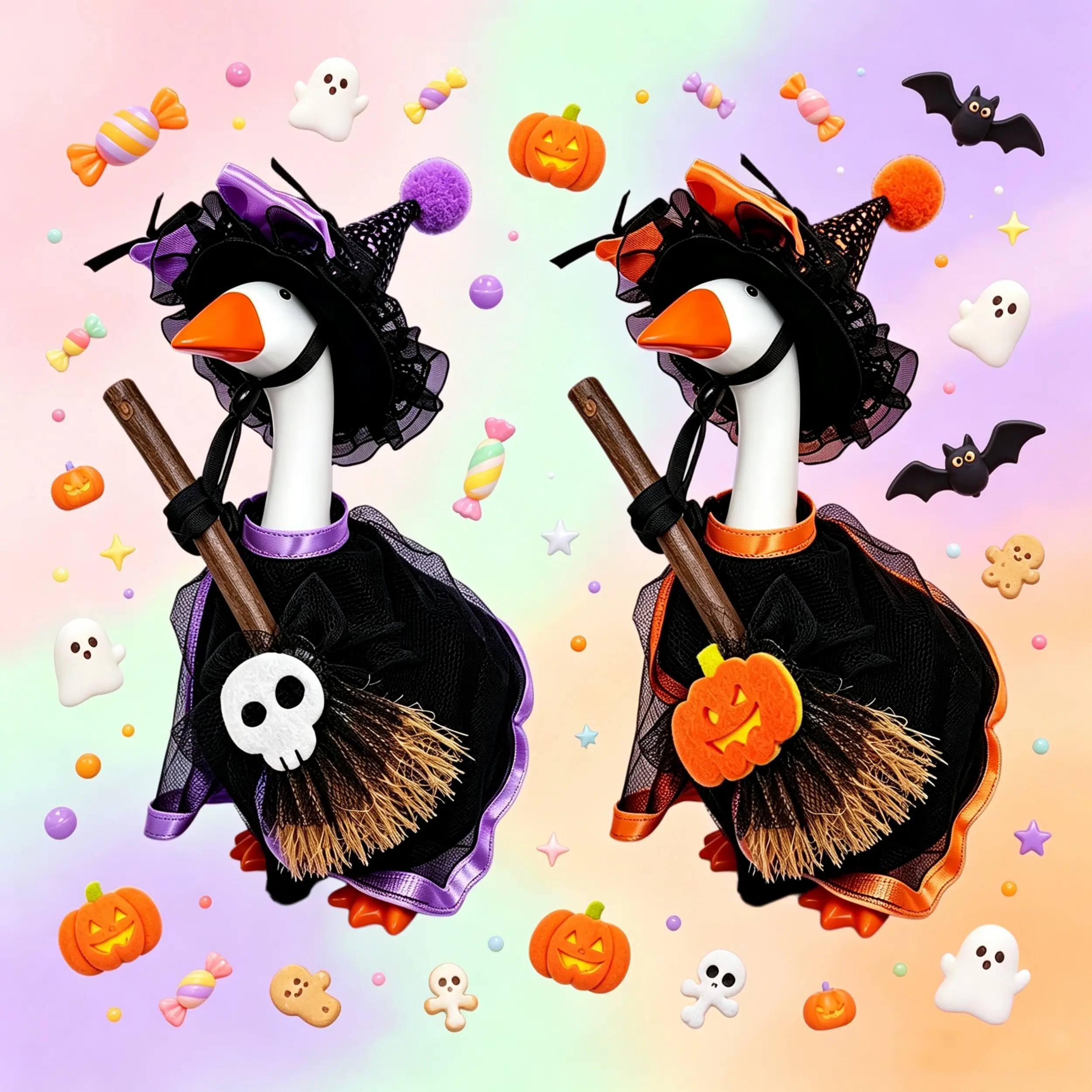 2 Pack Halloween Witch Outfits for 7 Inch Mini Desk Goose Statue, Black Lace Witch Hat Tulle Dress with Skull & Pumpkin Mini Broom Props, Purple Orange Spooky Mini Costume for Desktop Goose, Halloween Table Decor (Desk Goose Statue Not Included)