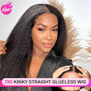 YAWAWE Hair 26 Inch Wear and Go Glueless Wig Kinky Straight Lace Pre Cut 7x5 Lace Front Wigs Human Hair for Women Glueless Wig with Elastic Band Natural Hairline 180% Density Yaki Hair Natural Black