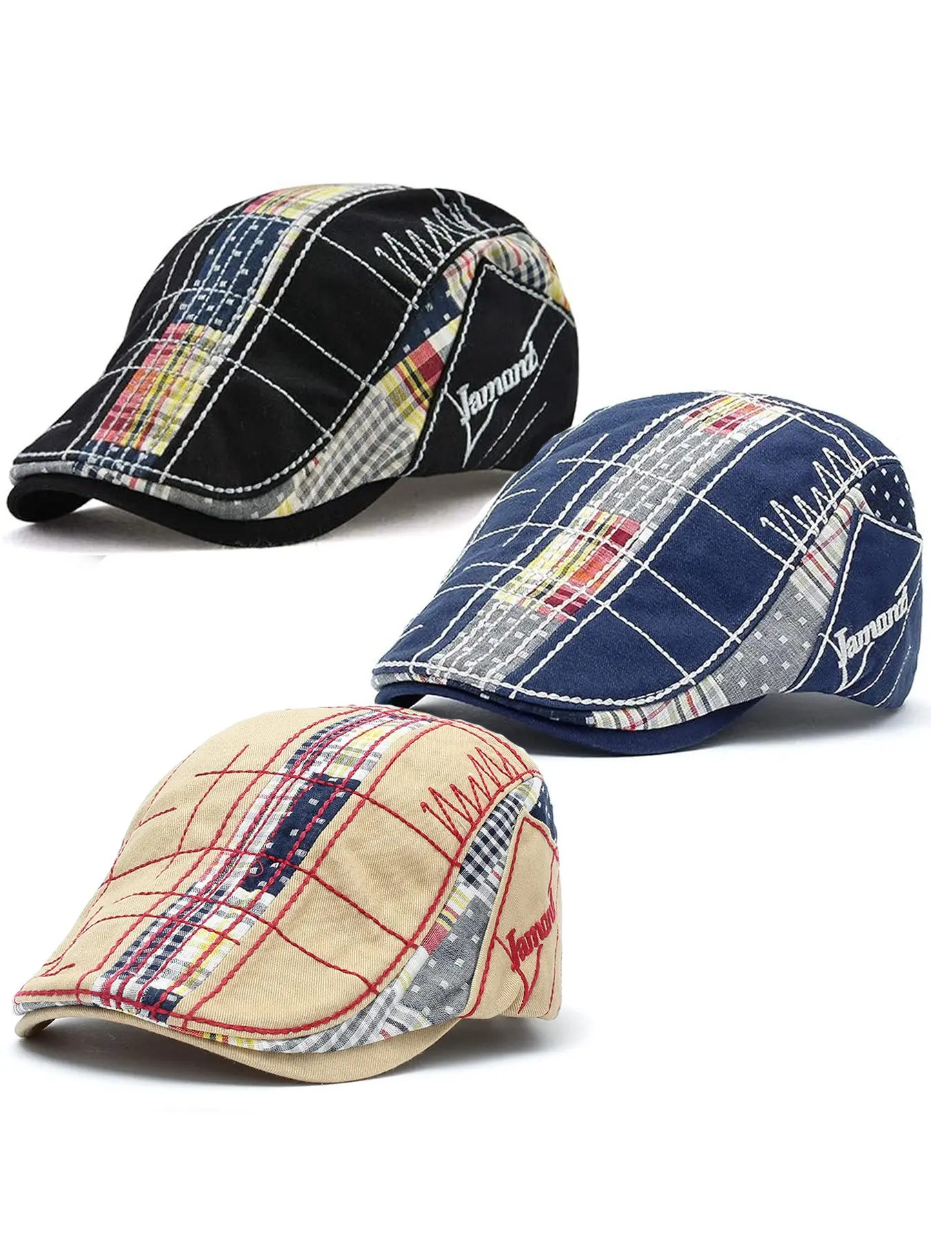 3 Pack Men Beret Hat Patchwork Newsboy Hats Adjustable Cabbie Hats for Men Flat Cap for Driving Hunting Fishing Outdoor Activities Adjustable Stylish Hat Fitted Hat