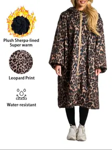 Women's Oversize Long Leopard Print Drying Robe, Plush Sherpa Fleece Lining, Sexy Split Design, Long Sleeves, Loose-Fitting, Fall & Winter