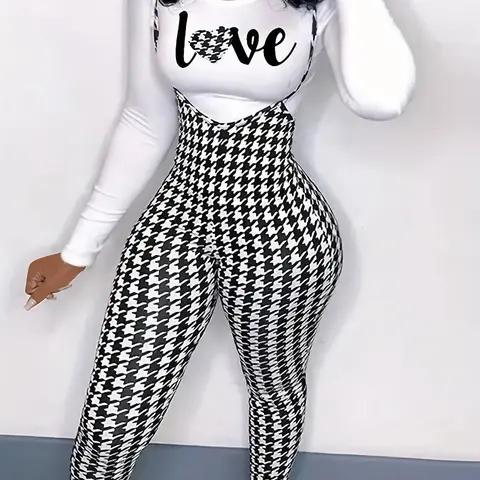 Women's "Love" Letter Print Long Sleeve Tee & Houndstooth Print Suspender Pants Set, Casual Tight Sleeve Top & Skinny Suspender Trousers for Summer, Ladies Clothes for Daily Wear, Casual Fitted Set