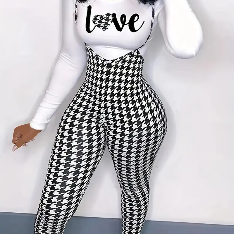 Women's "Love" Letter Print Long Sleeve Tee & Houndstooth Print Suspender Pants Set, Casual Tight Sleeve Top & Skinny Suspender Trousers for Summer, Ladies Clothes for Daily Wear, Casual Fitted Set