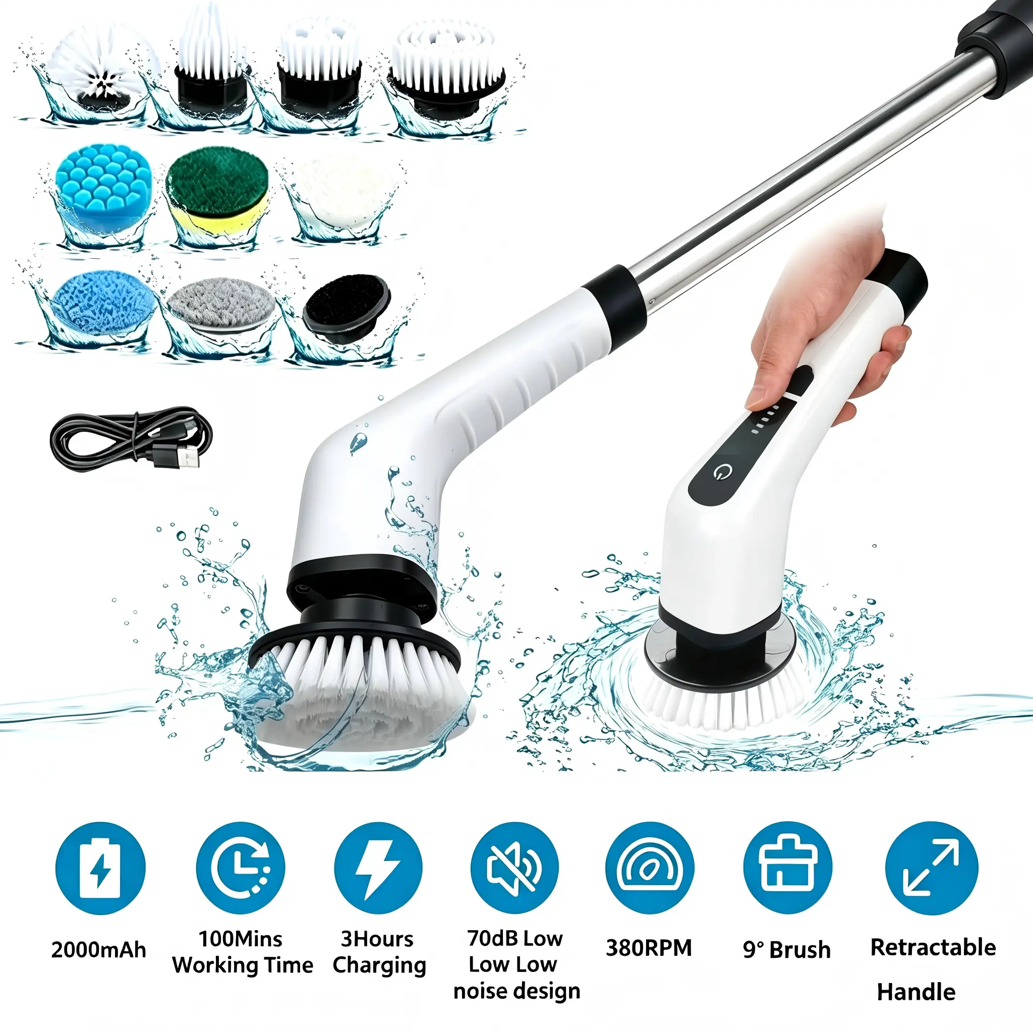 Electric Spin Scrubber Cordless, Shower Scrubber, IPX7 Waterproof Power Scrubber with 9 Replaceable Brush Heads, 5-Speed Electric Cleaning Brush with Extendable Handle for Bathroom, Tile, Tub, Floor & Kitchen Cleaning. tiktokshopbacktoschool