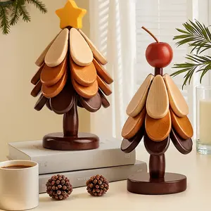 5 heat-resistant table mats, wooden walnut-colored coasters with automatic rebound, creative tree-shaped heat insulation set, non-slip and heat-resistant kitchen mats - 5 heat pads and 1 base, natural heat-resistant mats shaped like a Christmas tree