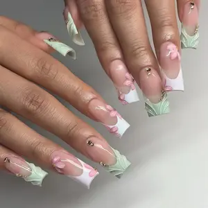 jasonj.nail Green Leaf French Tip Press-On Nails, 3D Pink Flower Detail with Soft Nude Base, Glossy Finish, Fresh Spring Aesthetic, Elegant Nail Art, Custom Handmade Set
