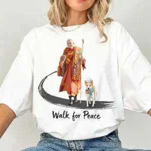 Peace Walking Monk and Aloka Dog Minimalist Zen Art Shirt Relaxed Fit Vintage Pigment Dyed Faded Tee Soft Cotton Oversized Unisex Shirt for Peaceful Meditation Walks Mindfulness and Calm Lifestyle