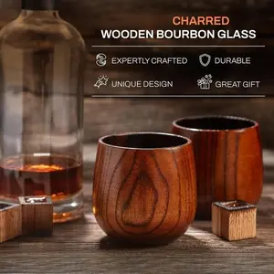[Buy 1 Get 1 Free] Wooden Whiskey and Bourbon Tumbler Glass Charred or Uncharred Old Fashioned Drinkware Premium Handcrafted Wooden Glassware Stylish Bourbon Gift for Men TikTok Shop Trending Barware Unique Gift for Whiskey Lovers Home Bar Decor Special O