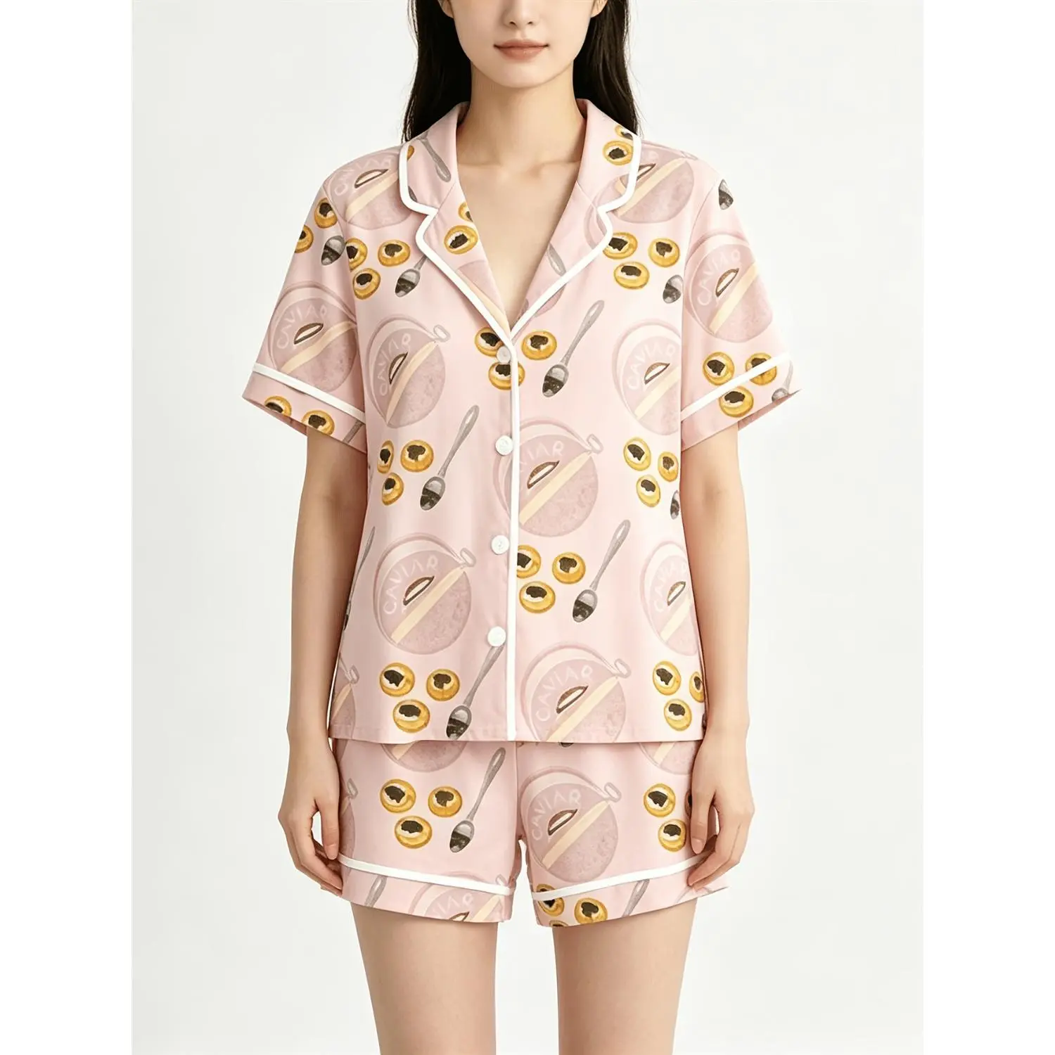 Teen’s Short-Sleeve Button-Up Shirt and Shorts Set with Whimsical Cavalli Bowl, Spoon and Egg Print, Black, Gold, Pink and Blue Two-Piece Summer Lounge Set for Indoor and Outdoor Wear