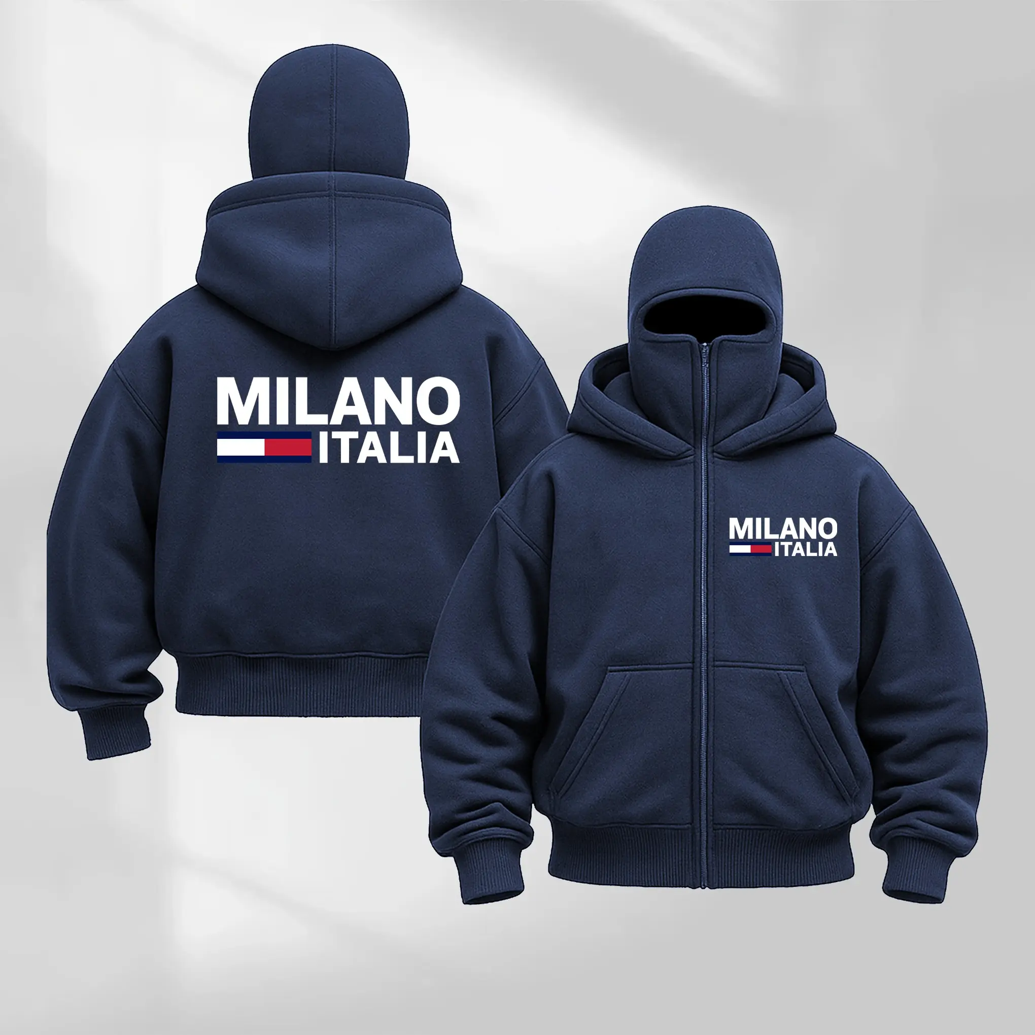 Balaclava Jacket Zip Up MILANO Printed Fashion Double Layer Hoodie Hip Hop Outerwear Jacket Y2K Clothing for Men and Women
