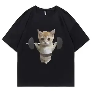 Funny Sam Sulek Cat Gym Meme Short-Sleeve Round Neck Oversized T-Shirt - Customized Menswear Male Clothing, Casual Streetwear Fitness Pump Cover Graphic Top for Men