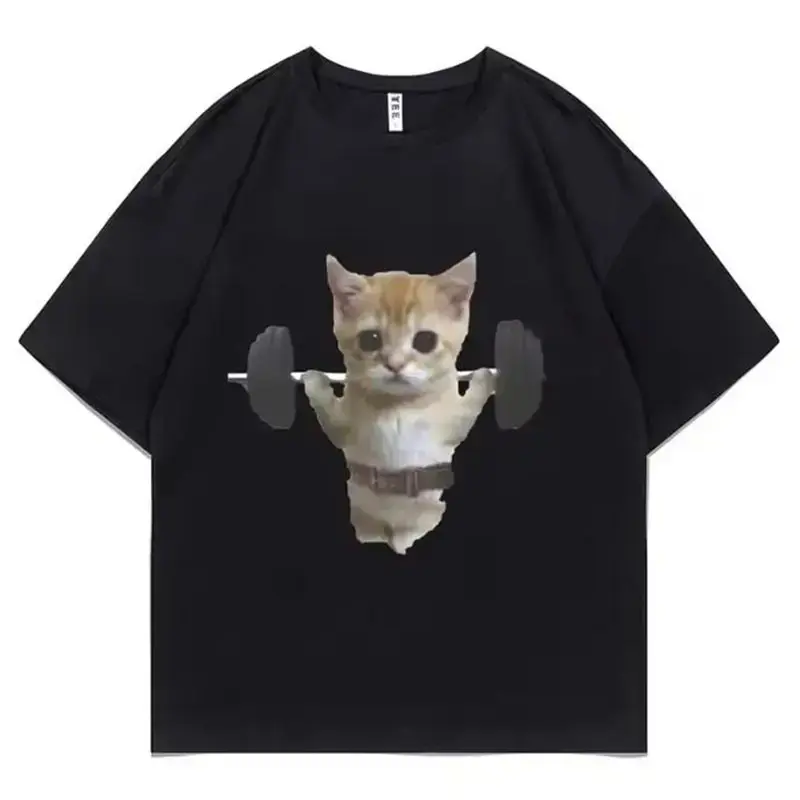 Men's Oversized Graphic T-Shirt, Funny Sam Sulek Cat Meme Cartoon Top, Short-Sleeve Streetwear for Gym Fitness, Casual Pump Cover, Menswear, Shortsleeve, Casual Graphic Tee, Meme Shirts Funny, Gym Fashion, Sporty Chic, Tshirt, Playful Gym Tee