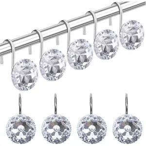 12 count Round Curtain Hooks Rings Stainless Steel Rhinest Decorative Rust Proof Shower Rod Hangers Decorative Shower Curtain Hooks for Bathroom Curtain Accessories