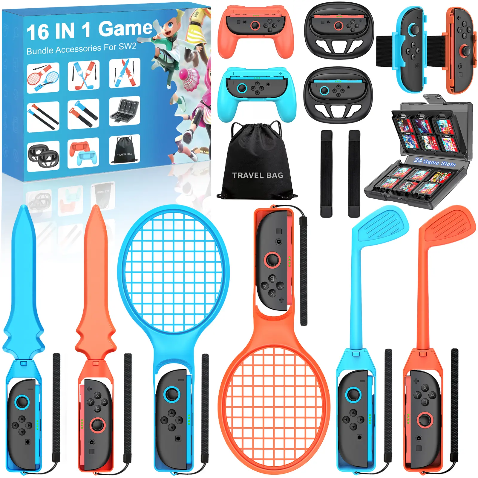BEBONCOOL 16-in-1 Lightweight Durable Game Accessories Bundle - Switch2 Joy-Con Controller Straps, Wrist Straps, Sports Accessories for Kids Family Gaming