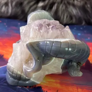 Amethyst Crystal Skull with Cave, Slate Gray Big Beautiful Geode Feathered and Banded