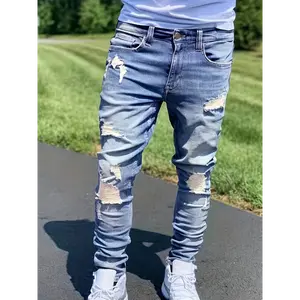 Men's Fashion ripped skinny jeans-cotton blend denim, medium stretch, mid waist, zipper fly, woven, all-season wear Men Menswear Casual