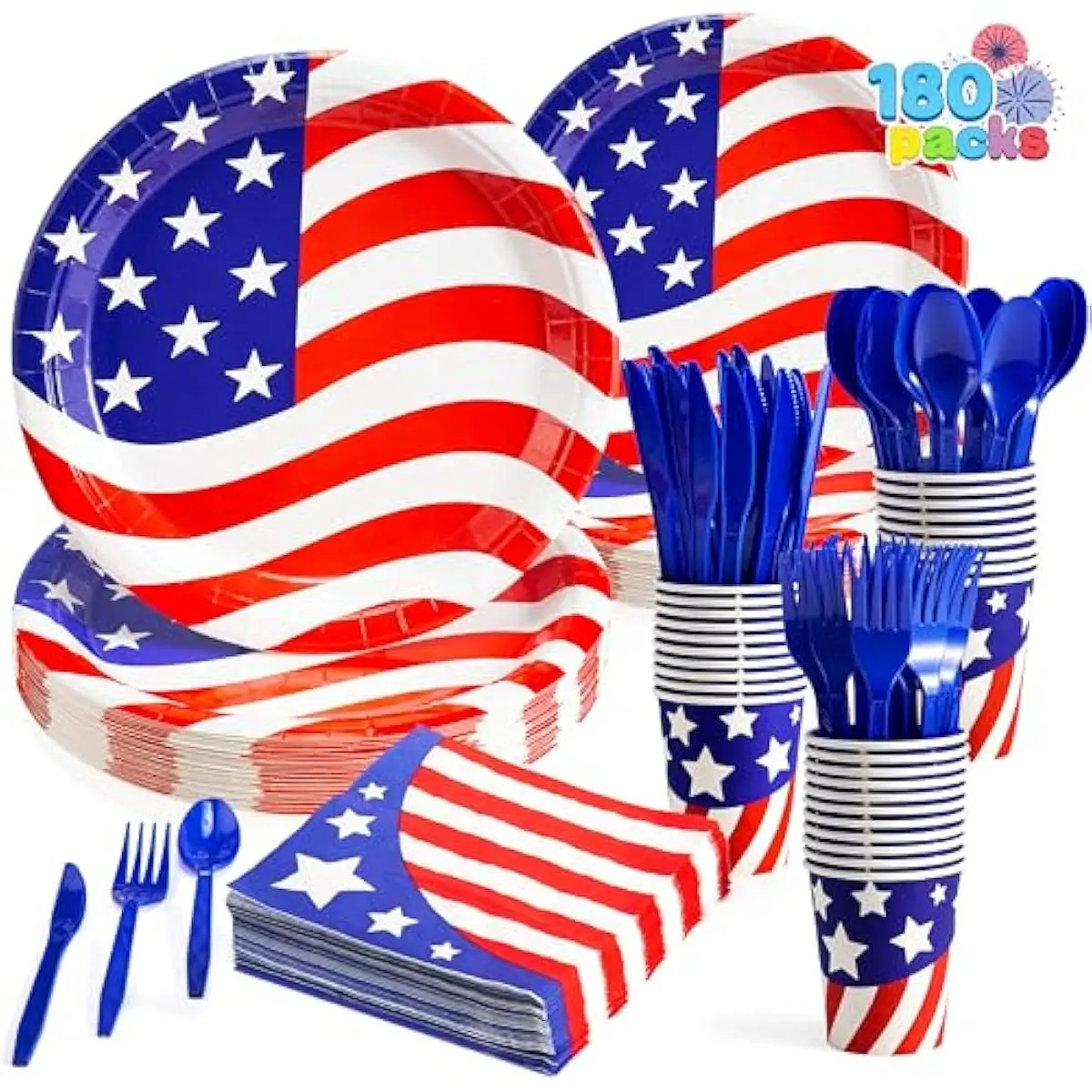 180 Pcs Patriotic Party Supplies Dinnerware Set of 30 Plates,30 Napkins,30 Paper Cups and 90 Plastic Utensils for 4th of July Celebration, Memorial Day, Patriotic Party Decoration (Serves 30)