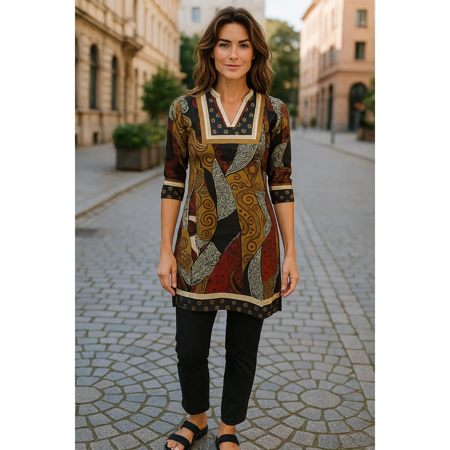 Paisley, Floral, Geometric Pattern with multi colorful patchwork design, 3/4 sleeves, Knee length Tunic, Kurti.