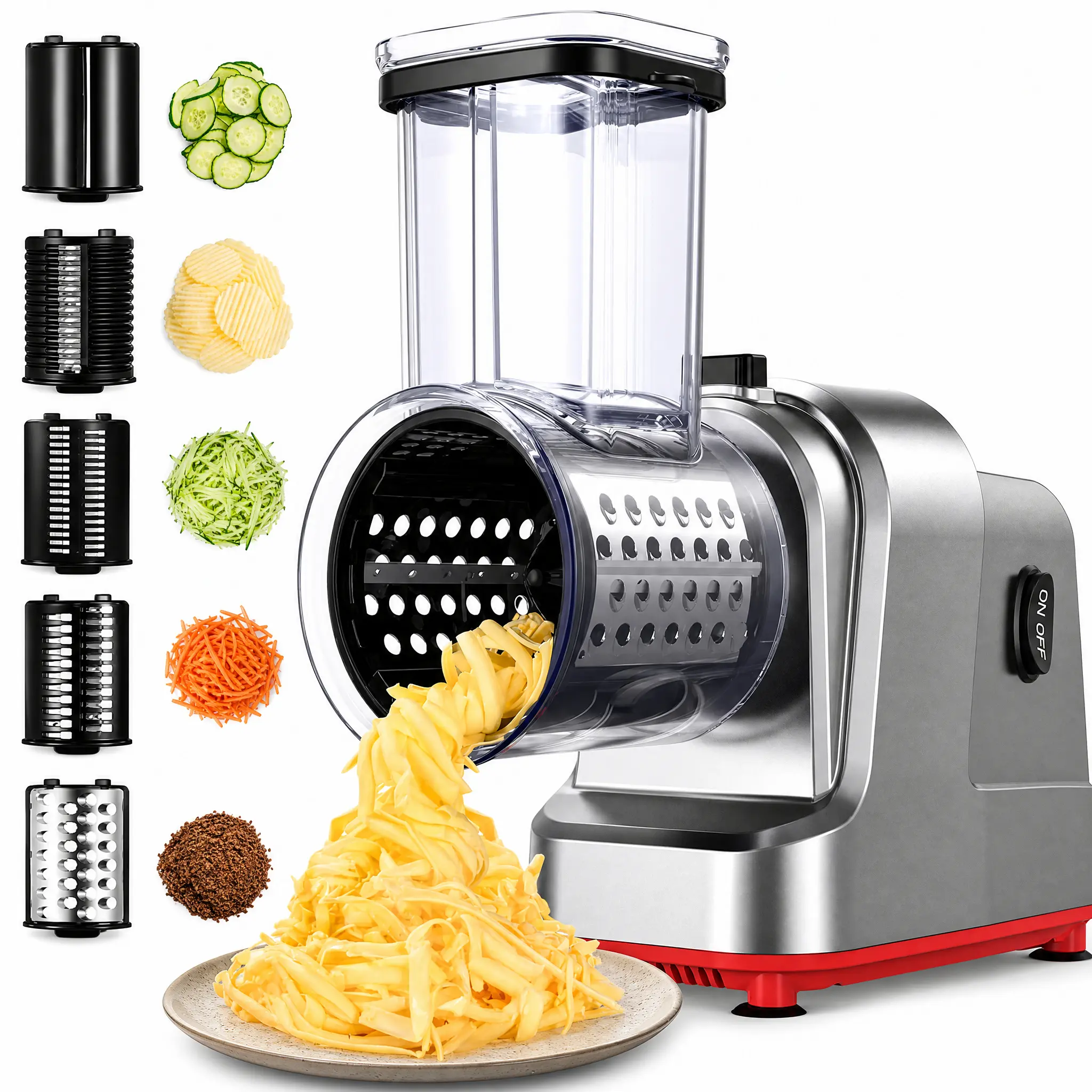 Electric Cheese Grater, Salad Maker with 5 Different Shapes of Blades, 250W Electric Slicer Shredder, Electric Salad Machine for Cheeses, Fruits and Vegetables