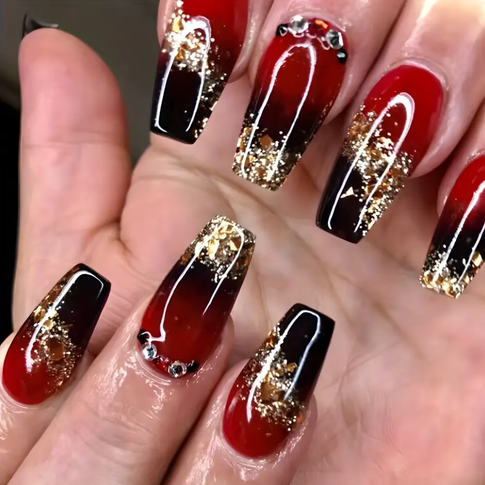 Women's Reusable Press-On Nails Set (24 Pcs) - Shiny Medium-Length Coffin Shape, Red And Black Gradient, Bowknot Design, Rhinestone-Adorned, for Nail Art Decoration