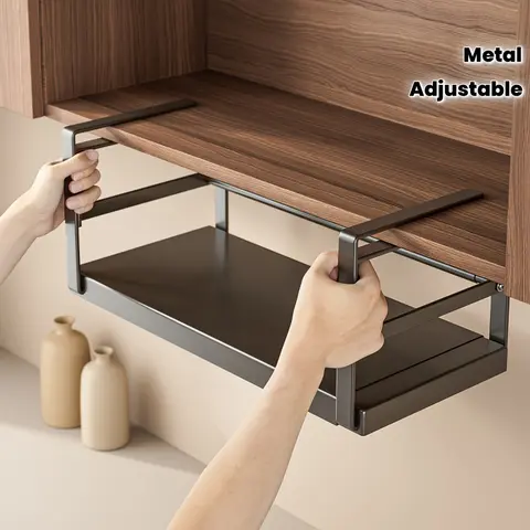 Adjustable Metal Cabinet Shelf Organizer, Expandable Modern Kitchen Storage Rack for Spice Jars and Seasoning, Under-Cabinet Hanging Shelf with Layered Partition Design