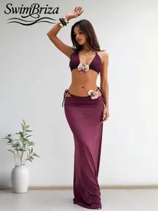 Briza｜Slinky Triangle Bikini Sets In Burgundy With Shell Flower Tie-Side Sarong For Vacation Swimwear For Women, A Bathing Suit Fancy Look Blending Swimsuits Bikinis, Swimsuits 2 Piece, Two-Piece Swimsuit And Swimsuit Cover Up For Women