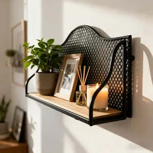 Wall-Mounted Storage Rack, Iron Art Shelf with Wooden Board, Home Decor Organizer, Suitable for Bedroom, Kitchen, Living Room, Entryway