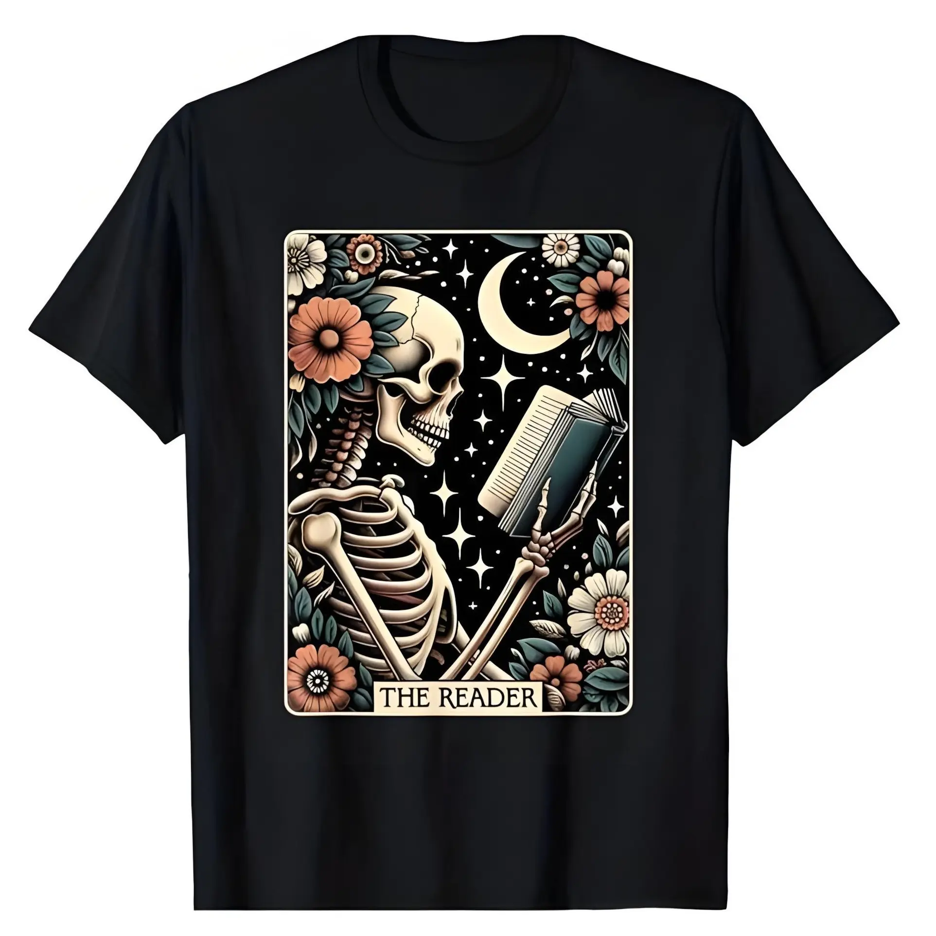 Women's Soft Oversized Short-Sleeve T-Shirt - Unisex Round Neck, Skeleton Reader, Tarot, Floral, Moon, Witchy Vibes, Viral BookTok Teddy-Inspired Book Lover Vintage Print, Book-Themed & Witch-Themed, Spring Glow-Up Summer Gift