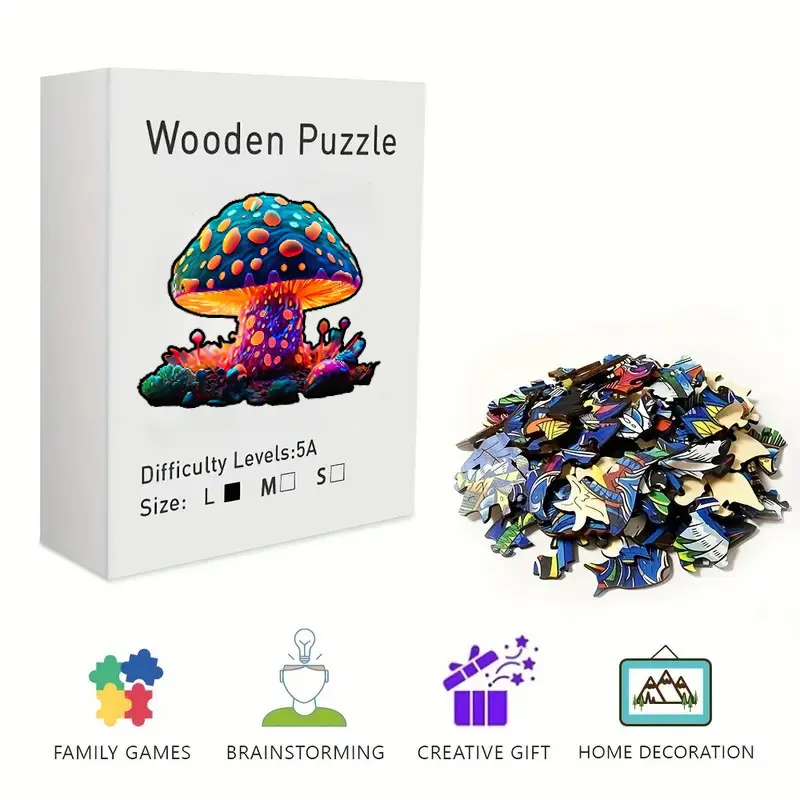 Psychedelic Neon Mushroom Wooden Jigsaw Puzzle for Adults & Kids - Challenging Irregular Shaped Pieces, Colorful Fantasy Toadstool Art Puzzle, Stress Relief Brain Teaser, Framable Wall Art & Home Decor