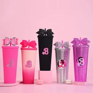 24oz Pretty Pink Studded Logo Tumbler with Matching Straw 710ml Gradient Hand Cup Double-layer Plastic Insulated Drinkware