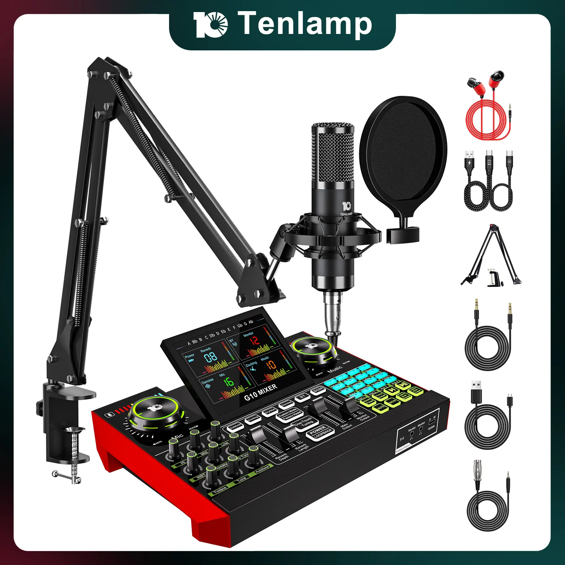 Tenlamp G10-P15 (Cantilever) Audio Mixer, Live Sound Card with XLR