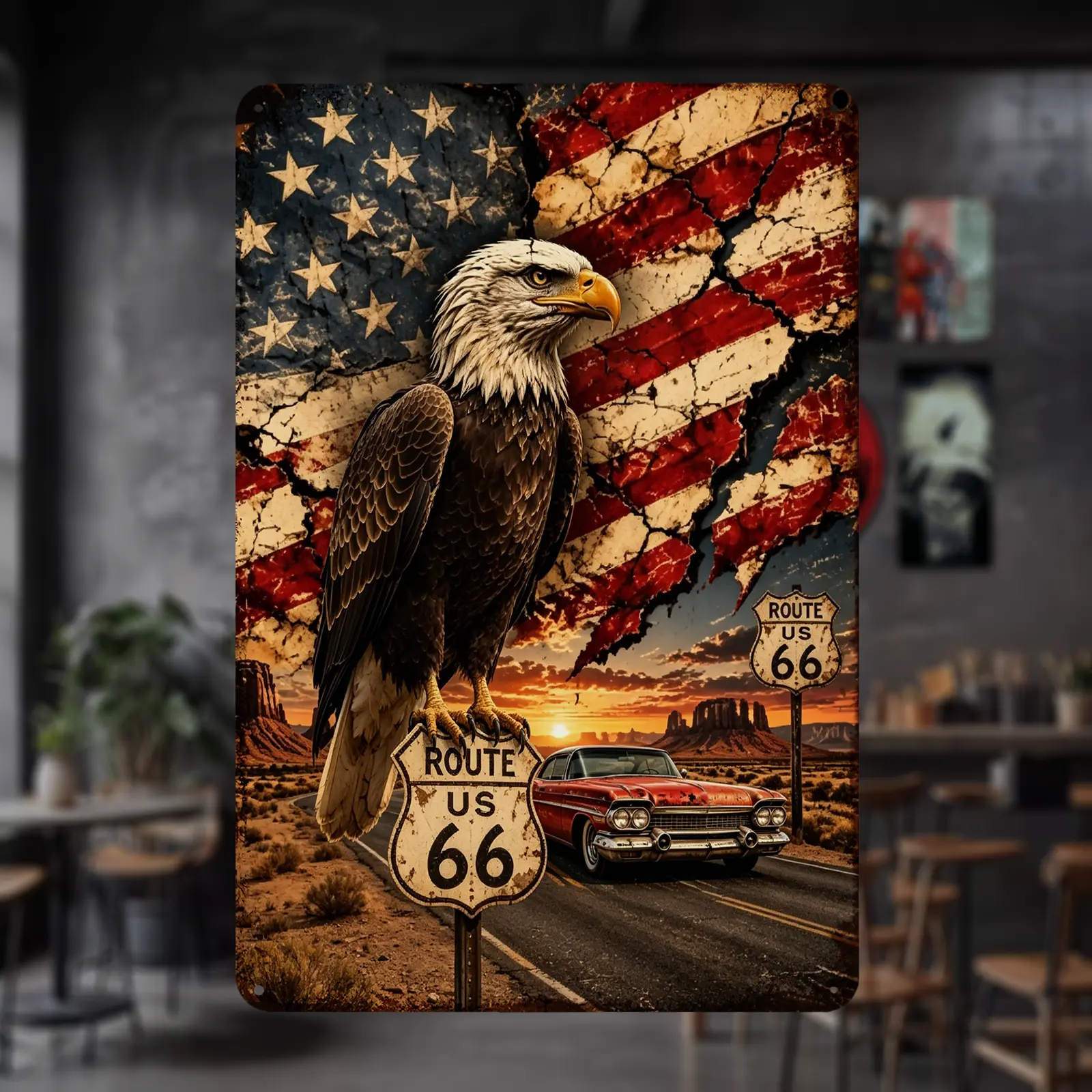 Wild West Desert Road Bald Eagle Ripped American Flag Tin Sign, 8x12 Inch Distressed Galvanized Tin Plate, Patriotic Vintage Metal Wall Decor for Restroom & Garage