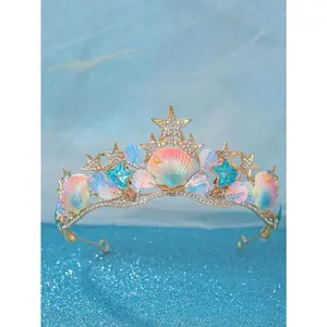 1 pc Crystal Princess Crown Sea Shell 5-Pointed Star Holographic Mermaid Hair Hoop, Performance/Birthday Gift