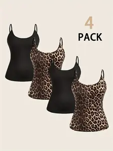 Women's Solid Color & Leopard Print Cami Top, Casual Adjustable Spaghetti Strap Top for Summer, Ladies Clothes for Daily Wear