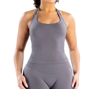 Square Neck Halter Tank Top, Three-layer With Padded Cups, Seamless Slim Fitness Yoga Vest For Outer Wear Workout