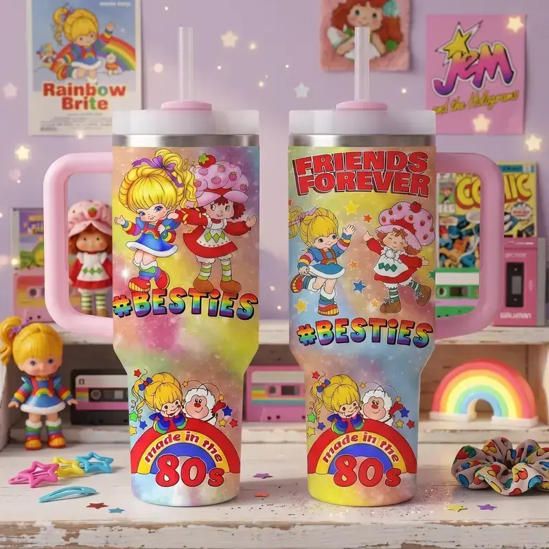 [Gift box and straw] 80s Cartoon Strawberry & Rainbow Insulated Tumbler with Handle and Straw, Double Wall Vacuum Insulated Travel Mug, Trendy Collector Drinkware