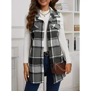 Women's Plaid Print Button Front Vest Jacket, Casual Sleeveless Collared Outerwear for Daily Wear, Ladies Clothes for All Seasons
