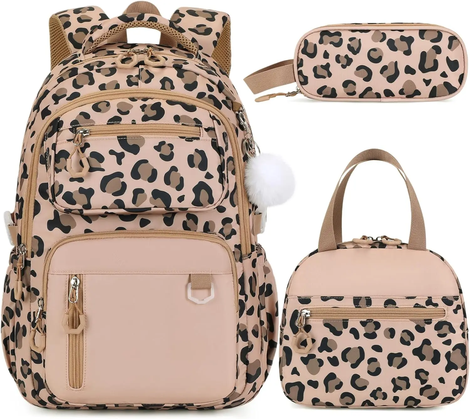 Backpack for Girls Backpack for School with Lunch Bag Pencil Case |   3PCS Brown Cute Kids Laptop Backpacks Bookbag for Teen Girls Elementary Middle High School College Student (Leopard)