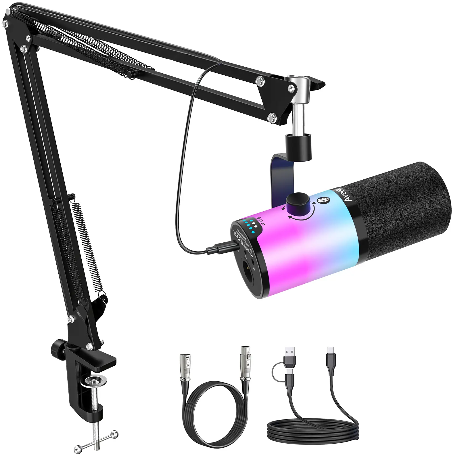 Aveek Gaming Microphone with Boom Arm, Dynamic Microphone with Mute Gain Knob and Headphones Jack, RGB Podcast Microphone for Streaming Recording Vocal