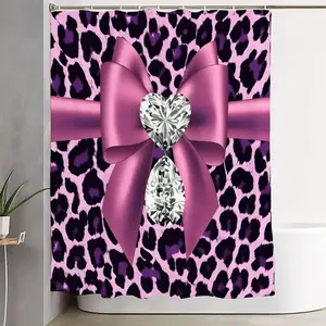 1/4pcs Leopard Print Bathroom Set with Pink Purple Accents & Large Pink Bows, Shower Curtain + 2 Mats + Toilet Cover, Perfect for Valentine's Day, Mother's Day, Easter Decor, Bathroom Decoration Accessories, Shower Curtain Sets