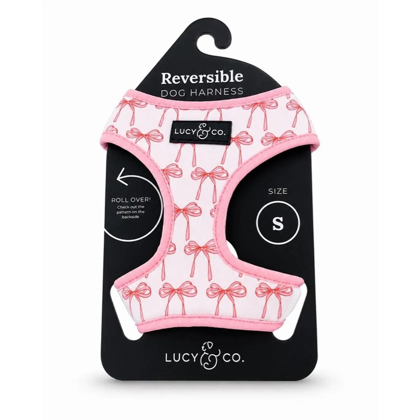 Lucy & Co. Reversible Dog Harness - Pink Bow Design, Size S, Roll Over Feature, Comfortable Fit for Small Dogs pet fashion