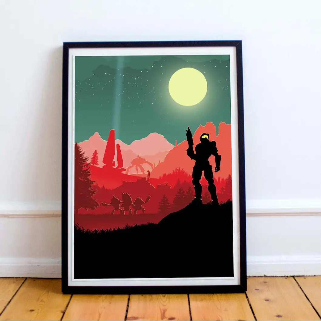 Halo Poster, Master Chief Retro Gaming Wall Art Print, Sci-Fi Action Decor for Gamer Room & Man Cave Gift