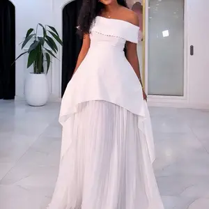 Women's Off-Shoulder Pleated Layered Chiffon Dress - 2025 Fitted, Lightweight, Elegant Lady Formal Evening Wear, White Dress for Women, Comfortable for Weddings, Fall Casual